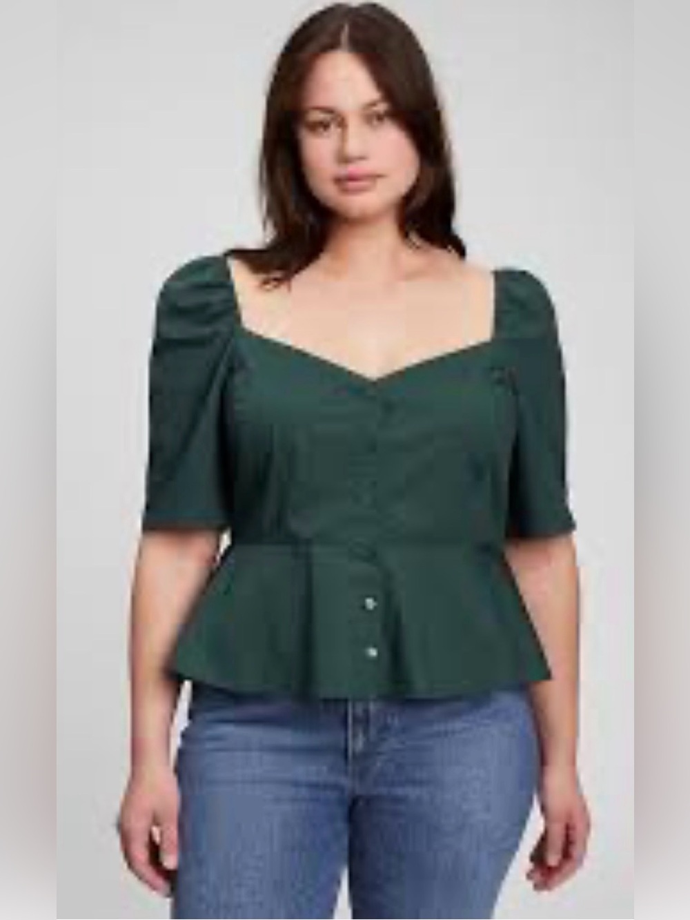 Gap Sweetheart Button-Front Peplum Top Square Neck Deep Hunter Green size mediu